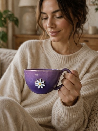 kobieta trzyma filiżankę ceramiczną 300 ml różowo fioletowa z kwiatem afirmacja handmade