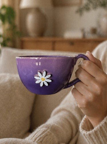filiżanka ceramiczna 300 ml różowo fioletowa z kwiatem afirmacja ręcznie robiona