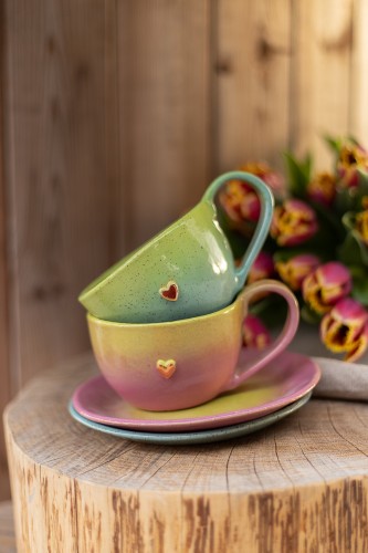 talerzyk ceramiczny 16 cm limonkowo różowy spodek do filiżanki 300 ml i kubka 400 ml ręcznie robiony zestaw ceramiczny
