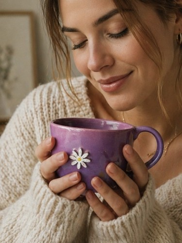 kubek ceramiczny 400 ml fioletowo różowy z kwiatem afirmacja ręcznie robiony duży kubek do kawy na prezent