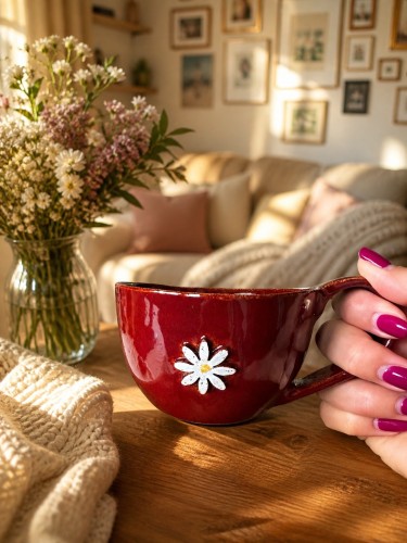 filiżanka ceramiczna 300 ml bordowa z kwiatem afirmacja ręcznie robiona filiżanka do kawy i herbaty na prezent